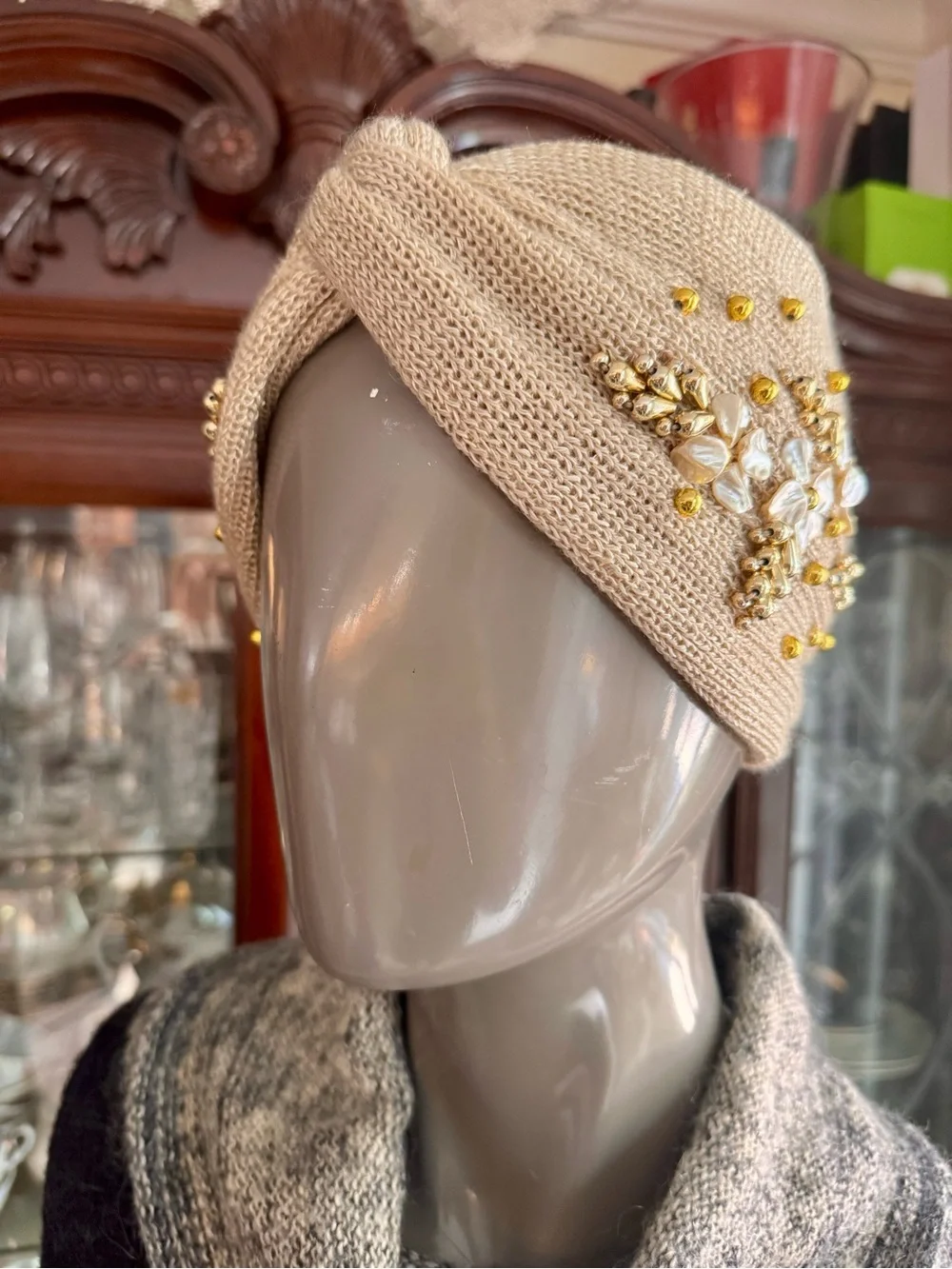 Anthropologie Beaded Knit Turban Headband Ear Warmer - Beige & Gold Boho